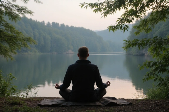 Hombre meditando tranquilamente en un entorno natural.