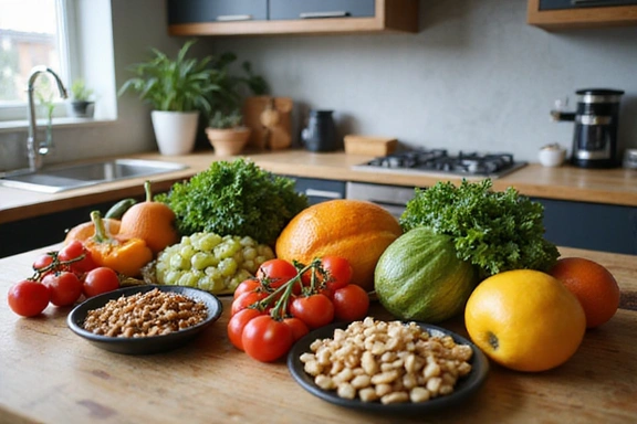 Mesa llena de alimentos saludables como frutas, verduras, frutos secos y proteínas magras.