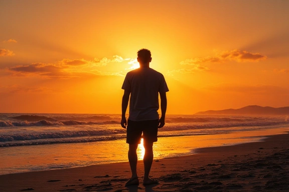 Silueta de un hombre al atardecer en la playa, simbolizando bienestar y vitalidad.
