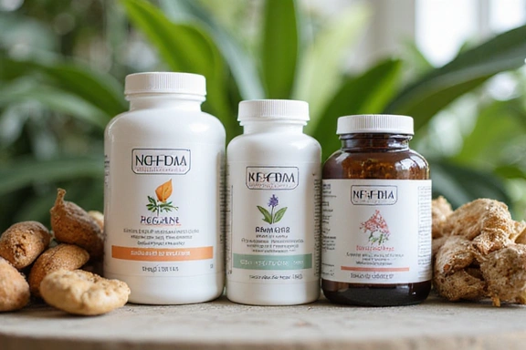 Variedad de suplementos naturales en envases, con ingredientes botánicos de fondo.