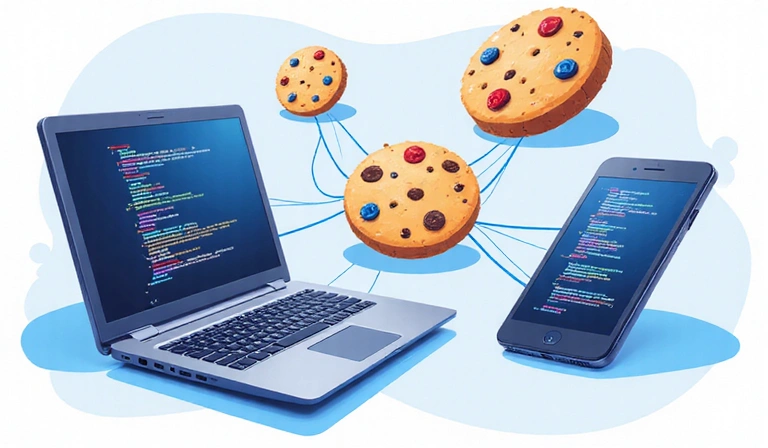 Ilustración abstracta de datos fluyendo entre dispositivos, representando la interconexión de cookies