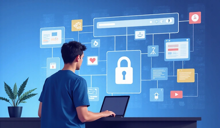 Ilustración de una persona protegiendo sus datos digitales en un entorno seguro de la web.