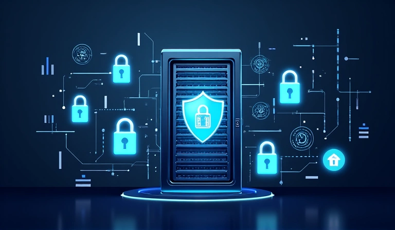 Representación de un servidor seguro con candados digitales y protección de datos