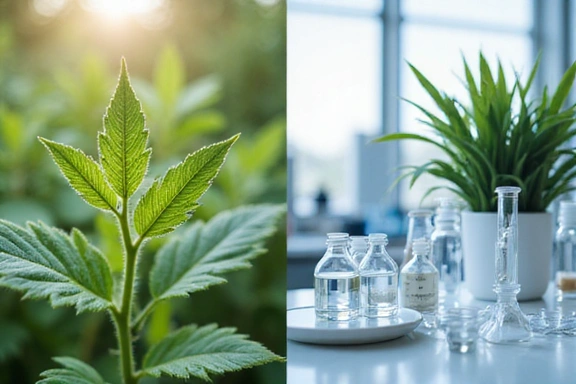 Plantas medicinales y equipos de laboratorio simbolizando la fusión de naturaleza y ciencia